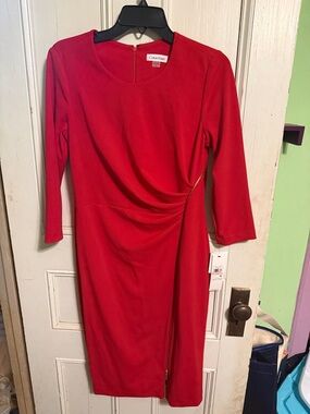 Calvin Klein Bright Red Draped Sheath Dress
